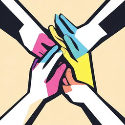 Create a digital art illustration of three hands stacked on top of each other, each hand having a different shade of color