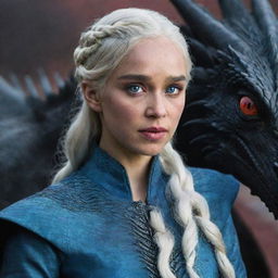 Daenerys Targaryen dressed in traditional Targaryen attire, with a black dragon featuring red and blue iridescent eyes by her side