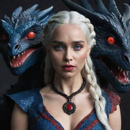 Daenerys Targaryen adorned in intricate Targaryen attire and red gemstone jewelry, alongside a dark black dragon with eyes gleaming in shades of red and deep blue