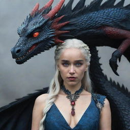 Daenerys Targaryen adorned in intricate Targaryen attire and red gemstone jewelry, alongside a dark black dragon with eyes gleaming in shades of red and deep blue