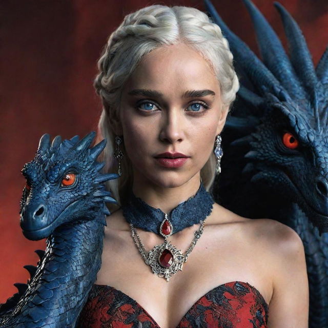 Daenerys Targaryen adorned in intricate Targaryen attire and red gemstone jewelry, alongside a dark black dragon with eyes gleaming in shades of red and deep blue