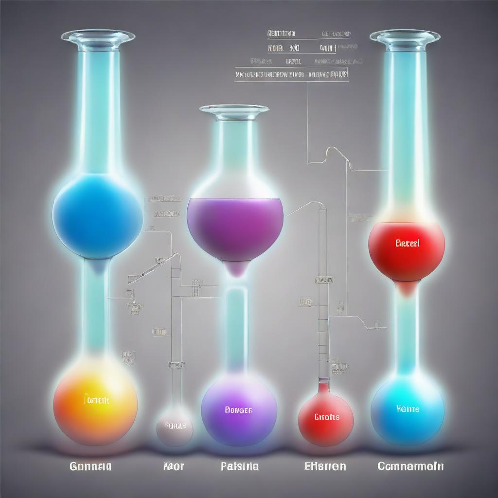 A detailed and educational illustration of gases and their properties, showcasing a chemical reaction leading to a state of chemical equilibrium