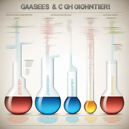 A detailed and educational illustration of gases and their properties, showcasing a chemical reaction leading to a state of chemical equilibrium