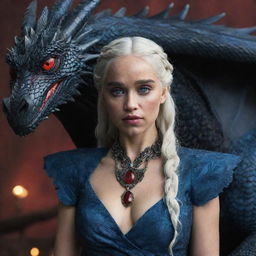 Daenerys Targaryen adorned in intricate Targaryen attire and red gemstone jewelry, alongside a dark black dragon with eyes gleaming in shades of red and deep blue