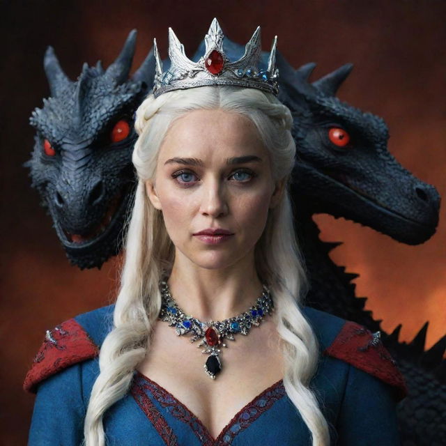 Daenerys Targaryen dressed in Targaryen attire, embellished with a red crown and jewellery, accompanied by an aggressive black dragon with fierce eyes of red and deep blue