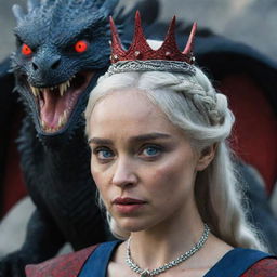 Daenerys Targaryen dressed in Targaryen attire, embellished with a red crown and jewellery, accompanied by an aggressive black dragon with fierce eyes of red and deep blue