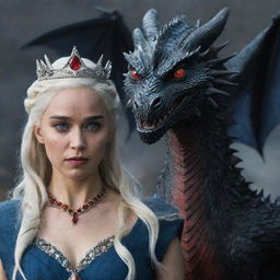 Daenerys Targaryen dressed in Targaryen attire, embellished with a red crown and jewellery, accompanied by an aggressive black dragon with fierce eyes of red and deep blue