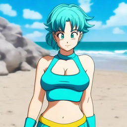 A very detailed, realistic, ultra HD 4k image of a woman cosplaying as Bulma, a character from Dragon Ball