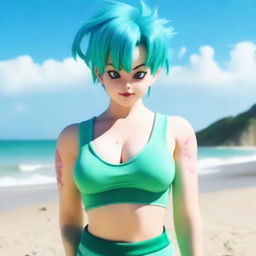 A very detailed, realistic, ultra HD 4k image of a woman cosplaying as Bulma, a character from Dragon Ball