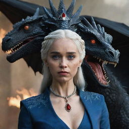 Daenerys Targaryen dressed in Targaryen attire, embellished with a red crown and jewellery, accompanied by an aggressive black dragon with fierce eyes of red and deep blue