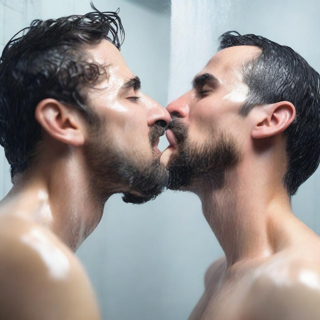 A very detailed, realistic, ultra HD 4k image of a cool guy taking a shower with his mate