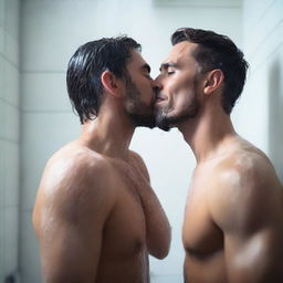 A very detailed, realistic, ultra HD 4k image of a cool guy taking a shower with his mate