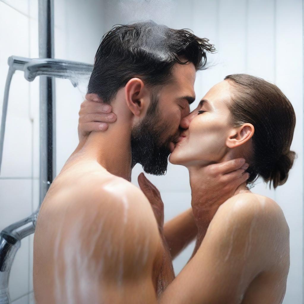 A very detailed, realistic, ultra HD 4k image of a cool guy taking a shower with his girlfriend