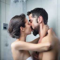 A very detailed, realistic, ultra HD 4k image of a cool guy taking a shower with his girlfriend