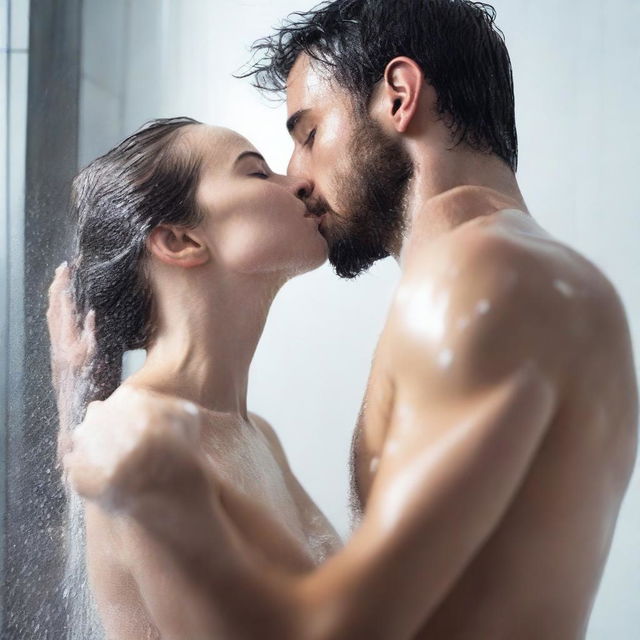 A very detailed, realistic, ultra HD 4k image of a cool guy taking a shower with his girlfriend