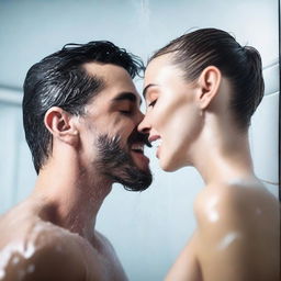 A very detailed, realistic, ultra HD 4k image of a cool guy taking a shower with his girlfriend