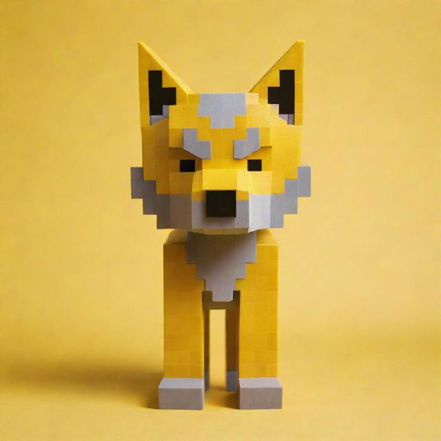 A Minecraft-style wolf on a bright yellow background.