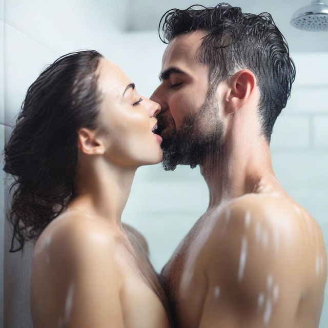 A very detailed, realistic, ultra HD 4k image of a cool guy taking a shower with his girlfriend, who has a large bust