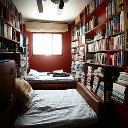 A 10x10 room of a dedicated UPSC aspirant filled with piles of books, showcasing a single mini bed and a comfortable sofa.