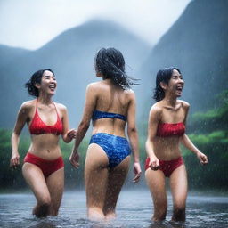 A high resolution 4k photograph of Japanese women joyfully playing in the rain, wearing swimsuits