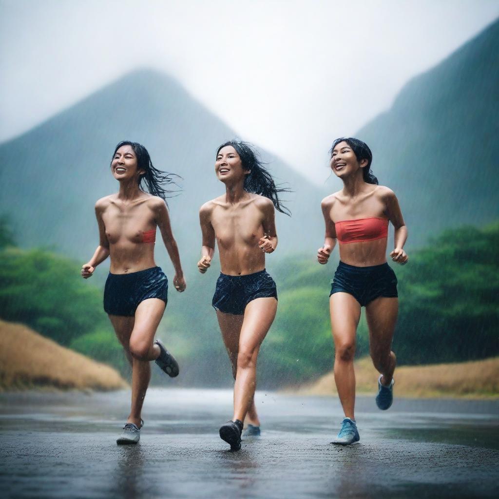 A high resolution 4k photograph capturing a photoshoot of Japanese women with athletic bodies, playfully enjoying in the rain