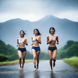 A high resolution 4k photograph capturing a photoshoot of Japanese women with athletic bodies, playfully enjoying in the rain