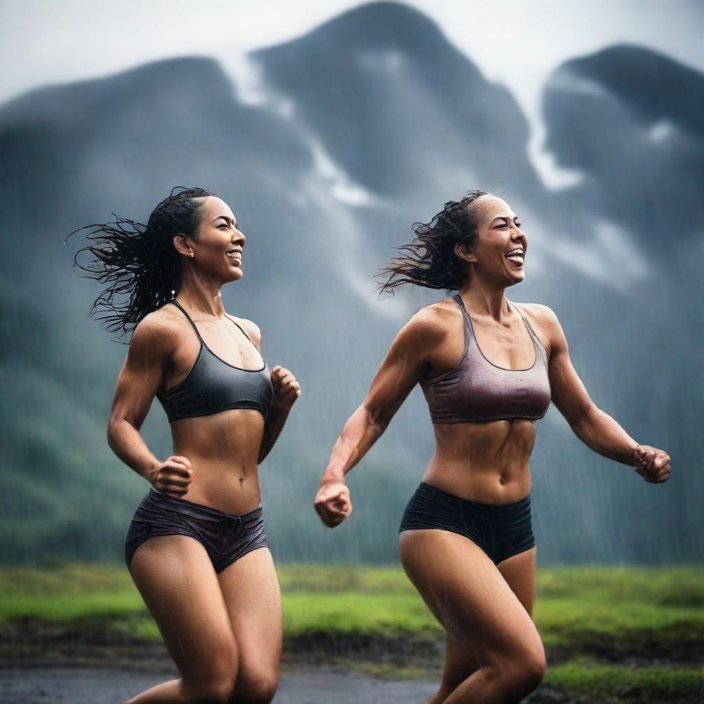 A high resolution 4k photograph capturing a photoshoot of women with fit bodies, playfully enjoying in the rain