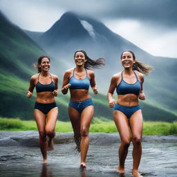 A high resolution 4k photograph capturing a photoshoot of women with fit bodies, playfully enjoying in the rain