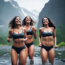 A high resolution 4k photograph capturing a photoshoot of women with fit bodies, playfully enjoying in the rain