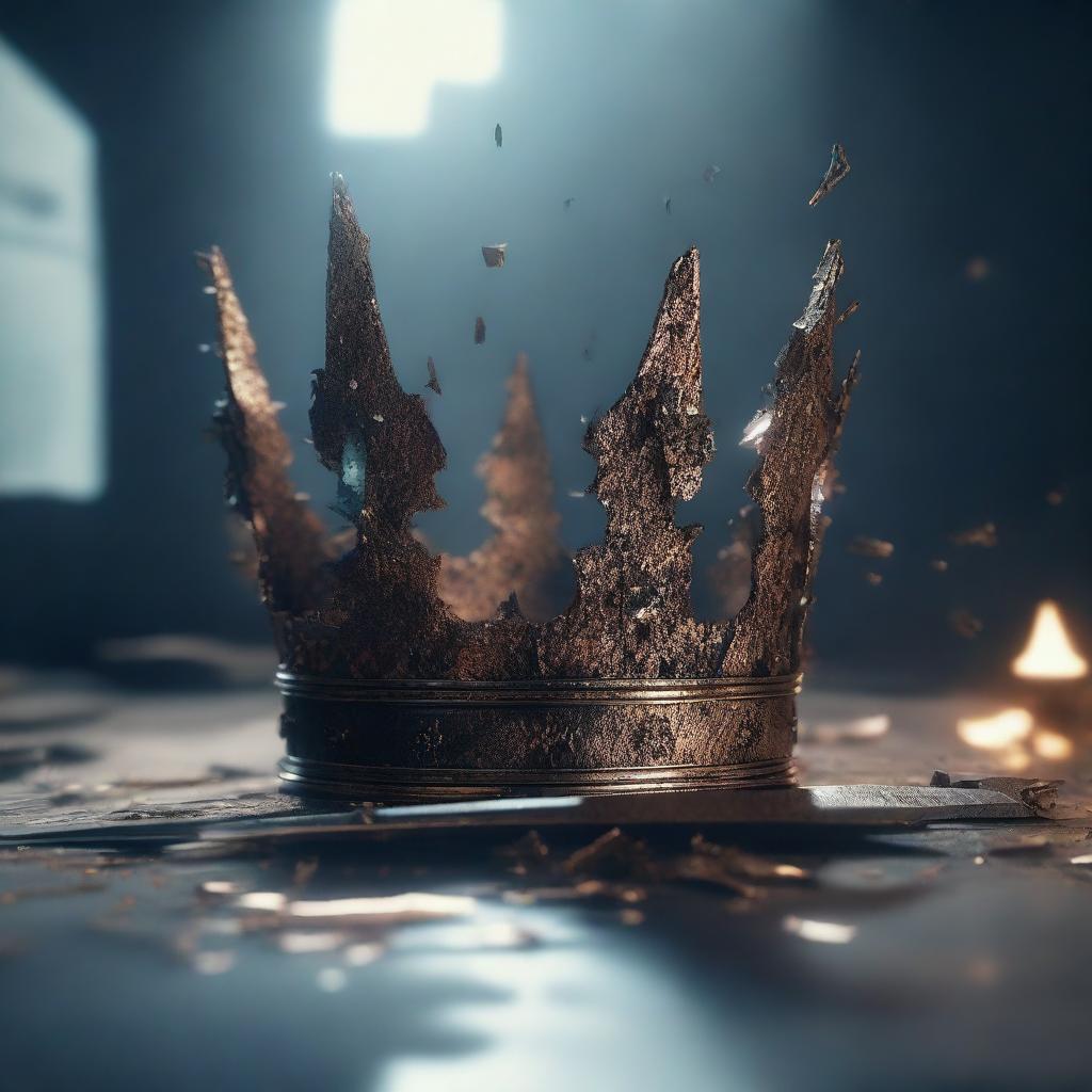 An image depicting a shattered crown, being further broken by a sword that possesses a scientific aesthetic