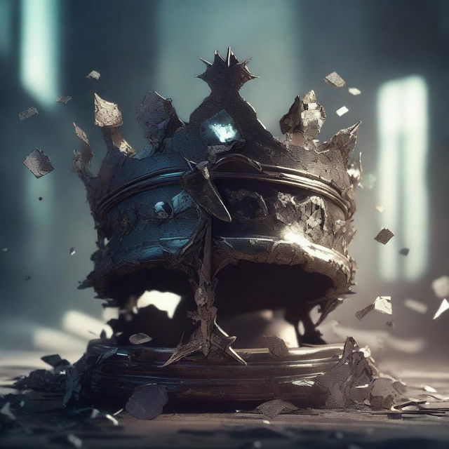 An image depicting a shattered crown, being further broken by a sword that possesses a scientific aesthetic