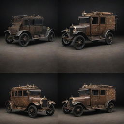 Gaspunk passenger vehicles depicting the historical gaslit era technology, with vintage designs inspired by gas-powered machinery, retaining a rustic, antique aesthetic.