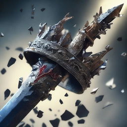 An image depicting a shattered crown, being further broken by a sword that possesses a scientific aesthetic