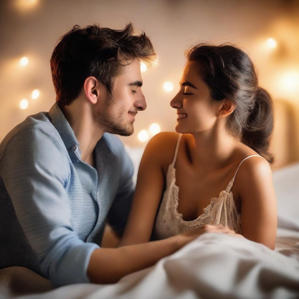 A young couple is seen in a romantic setting, sitting on a bed