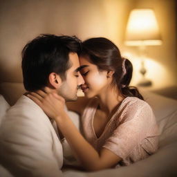 A young couple is seen in a romantic setting, sitting on a bed