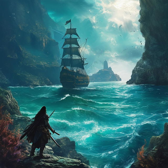 Create a book cover for a young adult fantasy novel titled 'SCALES', featuring pirates, the ocean, and mermaids