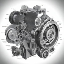 An intricate and precise depiction of a car transmission system