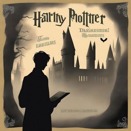 A dark and mysterious scene featuring Tom Riddle's shadow outside the Hogwarts castle, with a dark forest in the background