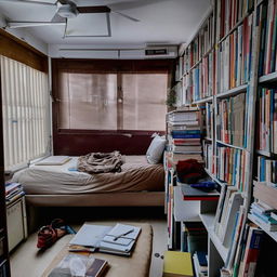 A 10x10 room of a dedicated UPSC aspirant filled with piles of books, showcasing a single mini bed and a comfortable sofa.