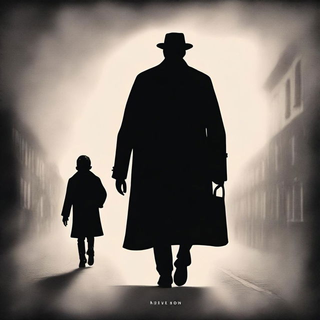 Create a high-quality digital book cover featuring an aesthetic image of a man in a black overcoat walking beside a little boy