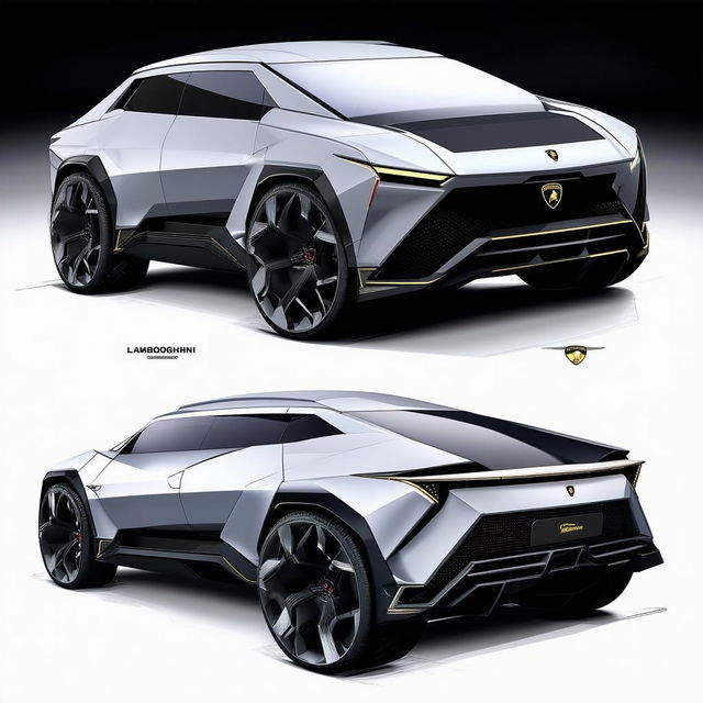 This is a depiction of a hypothetical SUV designed by Lamborghini, maintaining the brand's distinct angular design, performance, and opulence while adding the versatility and capacity of an SUV