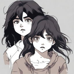 Generate an image of a dark-haired girl in ragged clothes, she has a hardened expression on her face