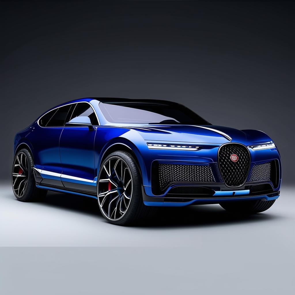 This is a concept of a hypothetical SUV designed by Bugatti, maintaining the brand's unique aerodynamic design, extreme speed, and opulence while adding the functionality and spaciousness of an SUV