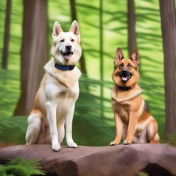 A white female dog with blue eyes and pointed ears is standing on a rock