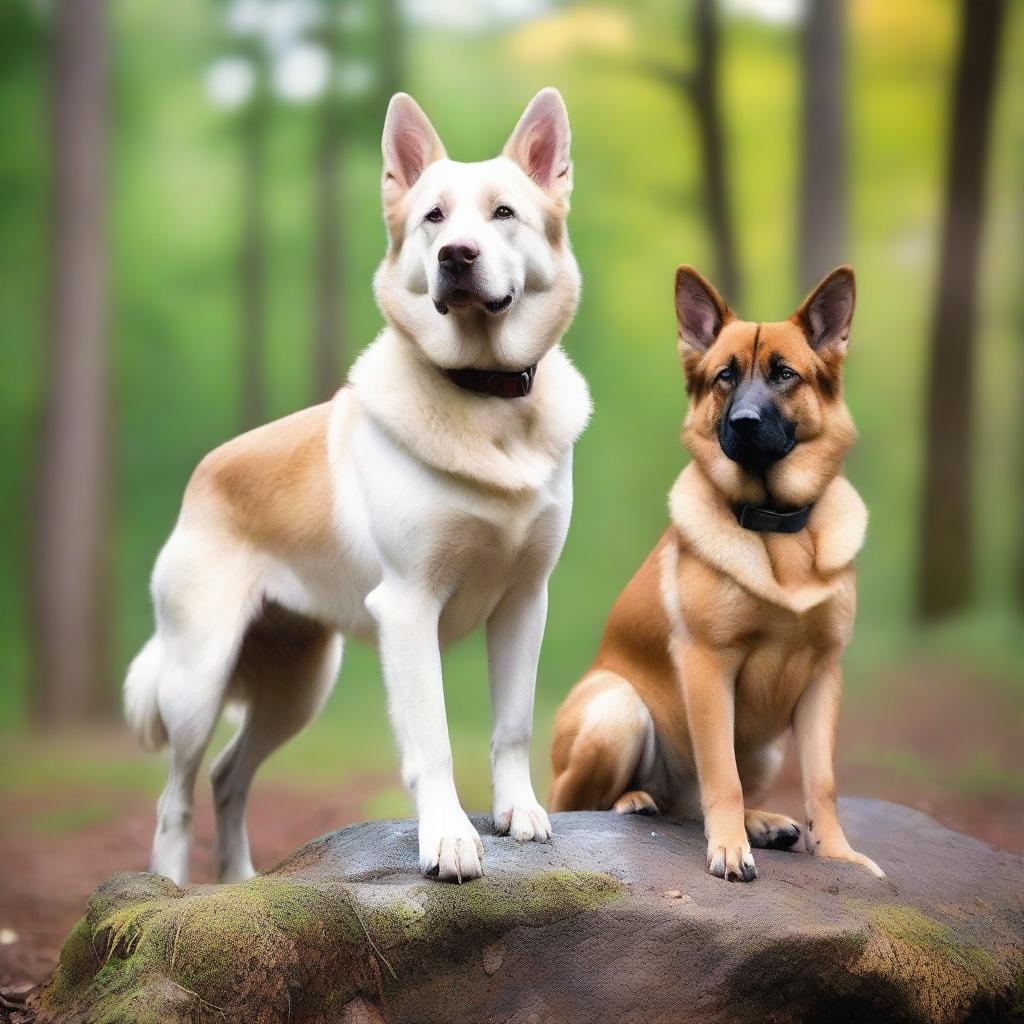 A white female dog with blue eyes and pointed ears is standing on a rock