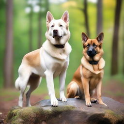 A white female dog with blue eyes and pointed ears is standing on a rock