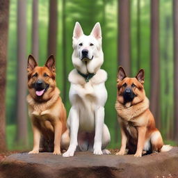 A white female dog with blue eyes and pointed ears is standing on a rock