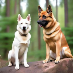 A white female dog with blue eyes and pointed ears is standing on a rock