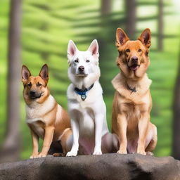 A white female dog with striking blue eyes and pointed ears is standing majestically on a rock