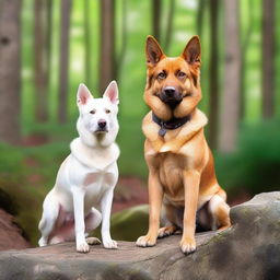 A white female dog with striking blue eyes and pointed ears is standing majestically on a rock